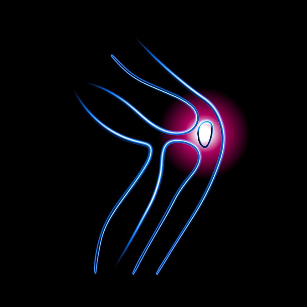 Illustration of knee pain. Contour neon drawing of the knee joint with a sign of pain. vector