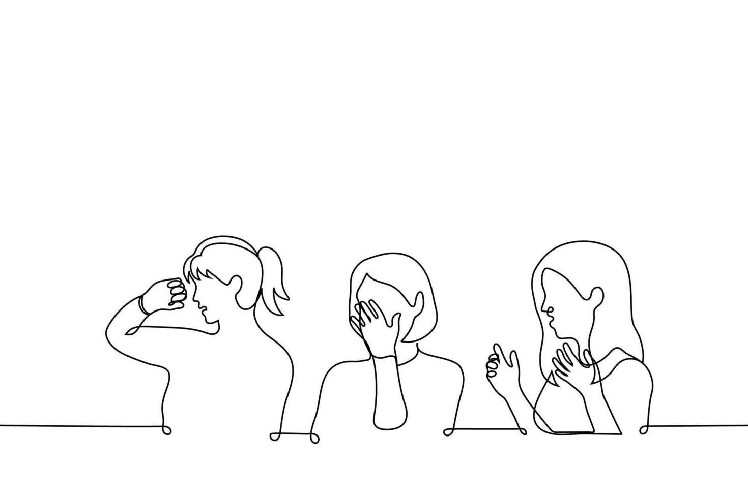women are disgusted - one line drawing . concept sitting women are unpleasantly shocked and try not to look at something vector
