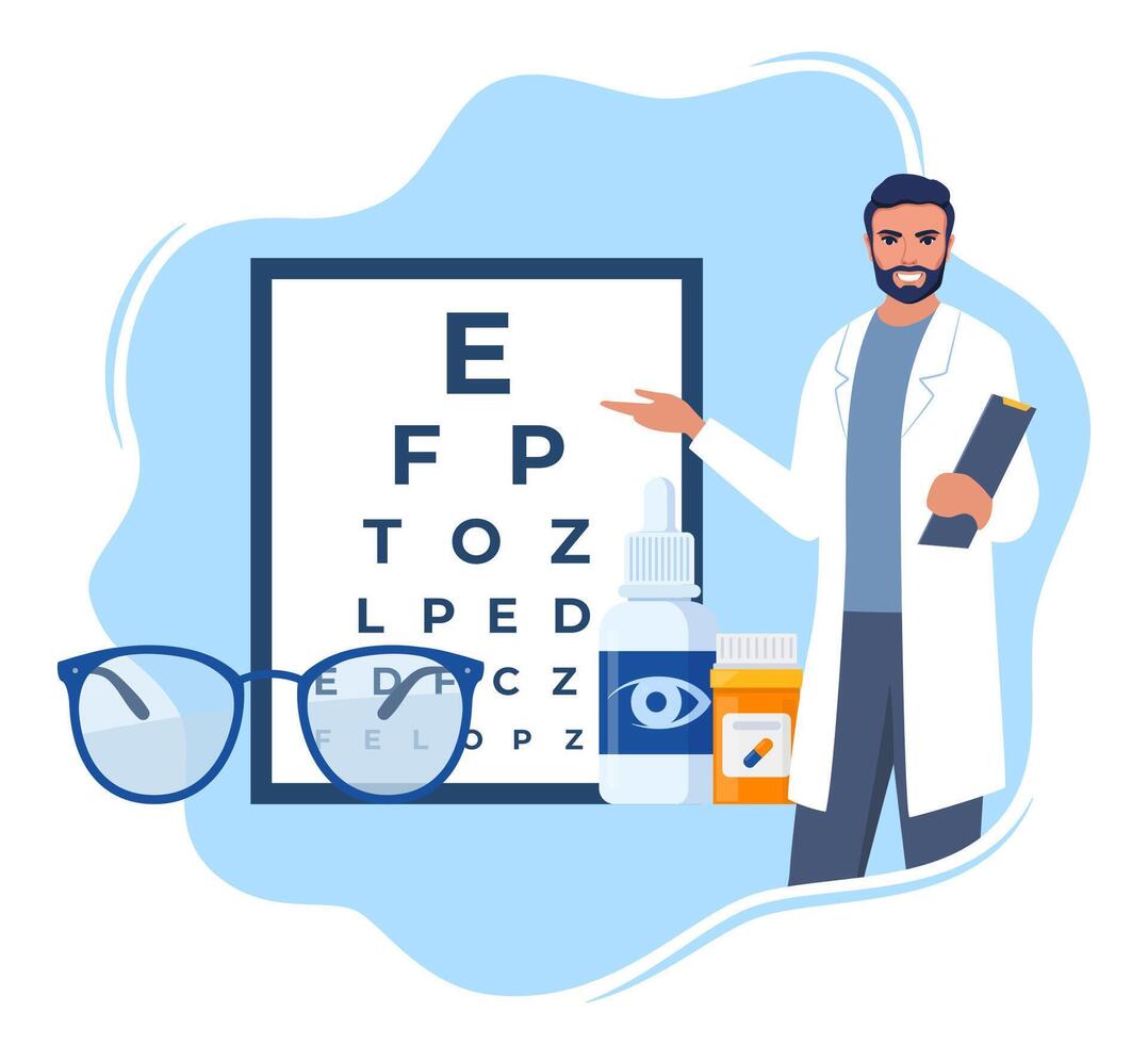 Ophthalmology icon composition. Glasses, eye drops, contact lenses, test table with letters for eye examination. Vision correction. Ophthalmology concept. vector