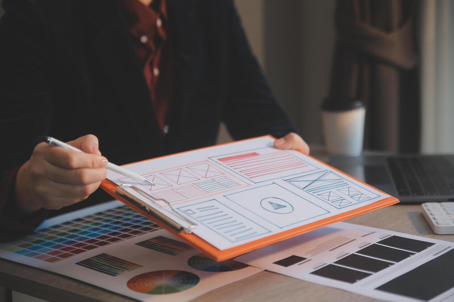UX UI design process for modish mobile application and website . Creative prototype of wireframe for professional app developer . photo