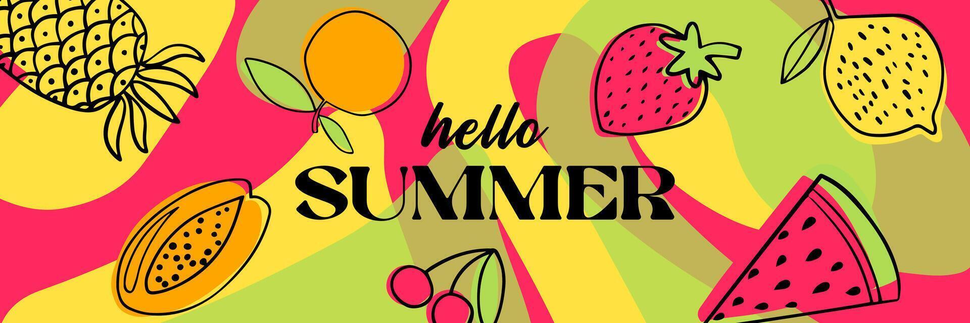 Hello Summer banner design. Horizontal poster, greeting card, website header, label or flyer. Modern abstract art design with fruits and berries, geometric shapes and wavy bold lines vector