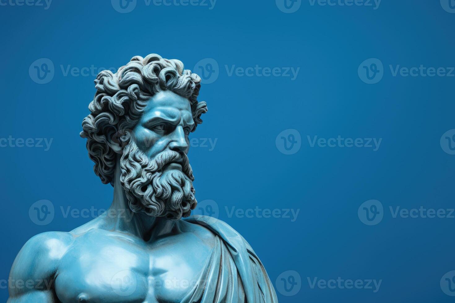 Ancient Greek statue of powerful Hercules on blue background. Ancient Sculpture of waist-high Man with large beard and muscles. Banner with copy space photo