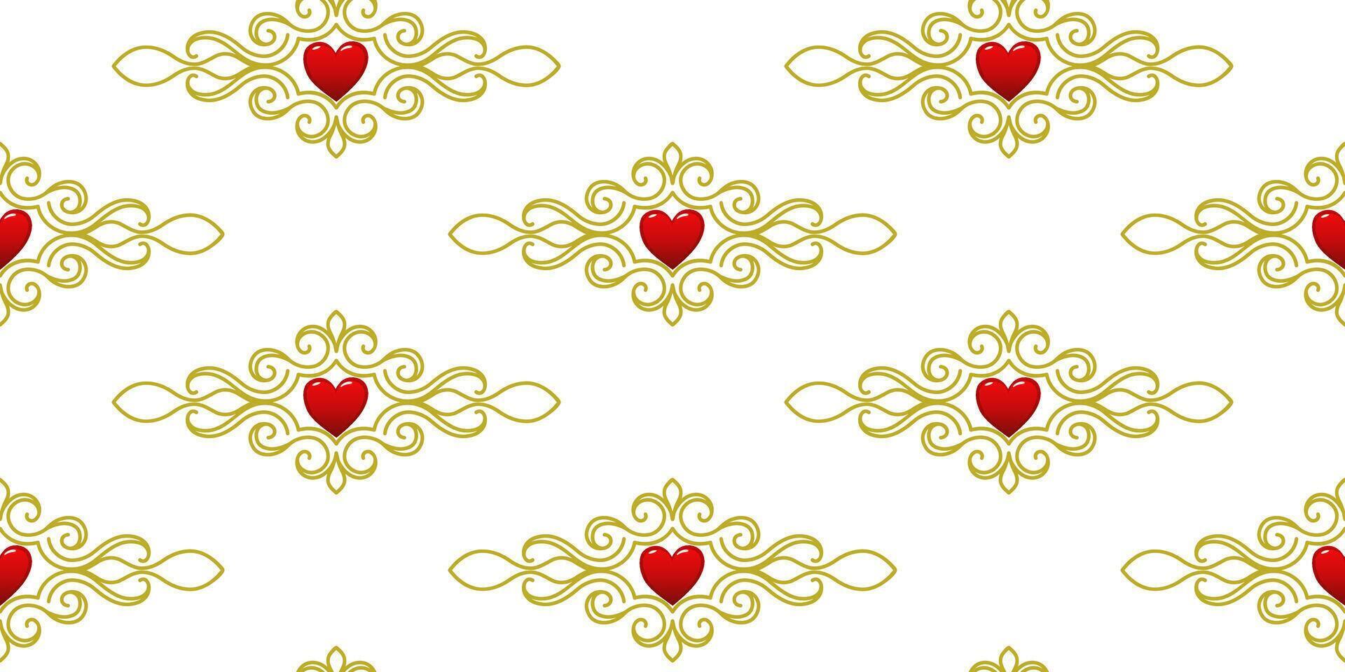 amarillo ornamento con rojo corazones en un blanco antecedentes. para tela, fondo de pantalla, envase papel, fiesta embalaje. vector