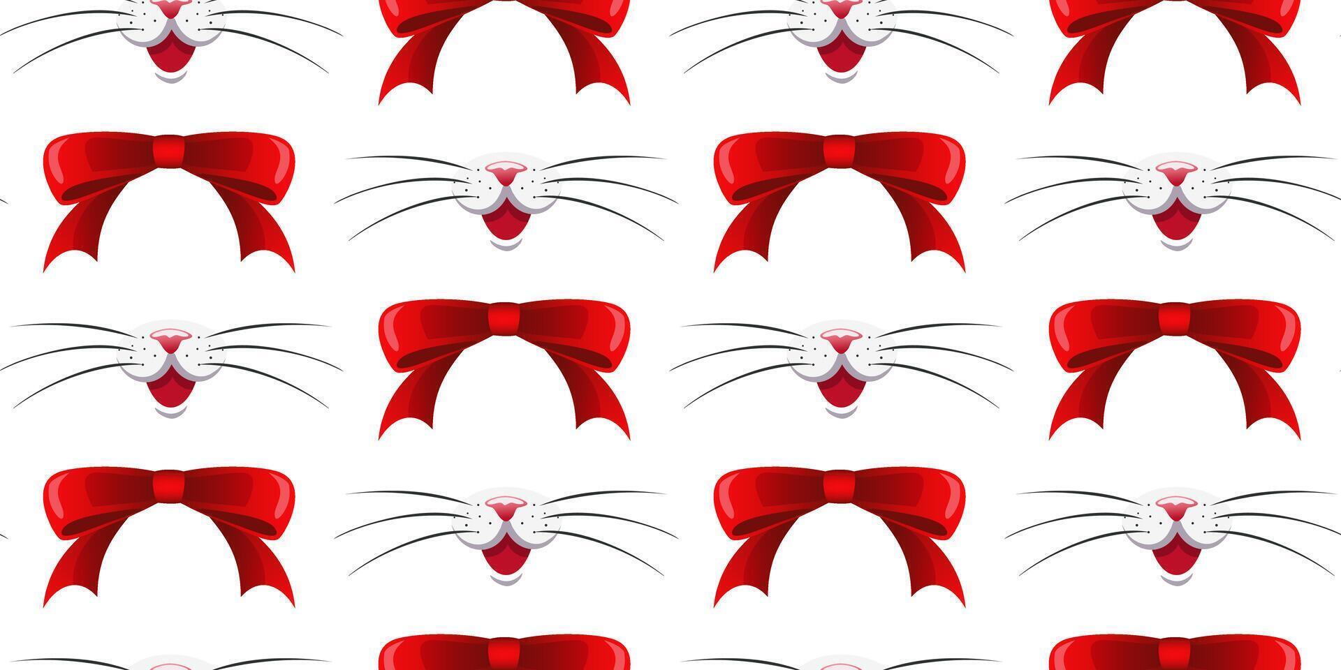 Red bows and a pink cats nose with long whiskers on a white background. Seamless pattern with red ribbons and animal nose. For fabric, wallpaper, wrapping paper, holiday packaging. vector