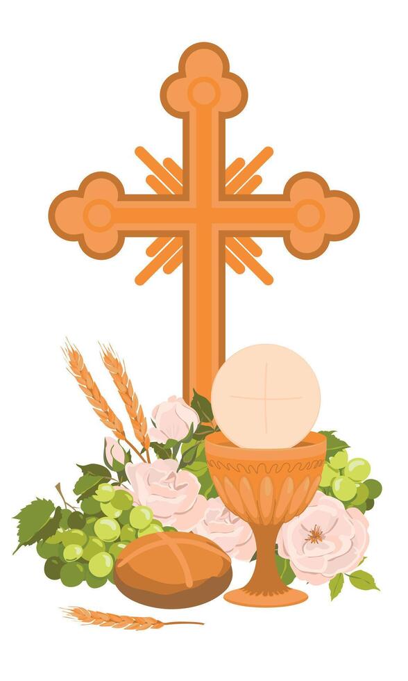 Symbols of the first communion. Golden bowl for wine, crucifix, bread, wine, grapes, white roses. Elements for beautiful invitation design. Festively decorated altar. vector