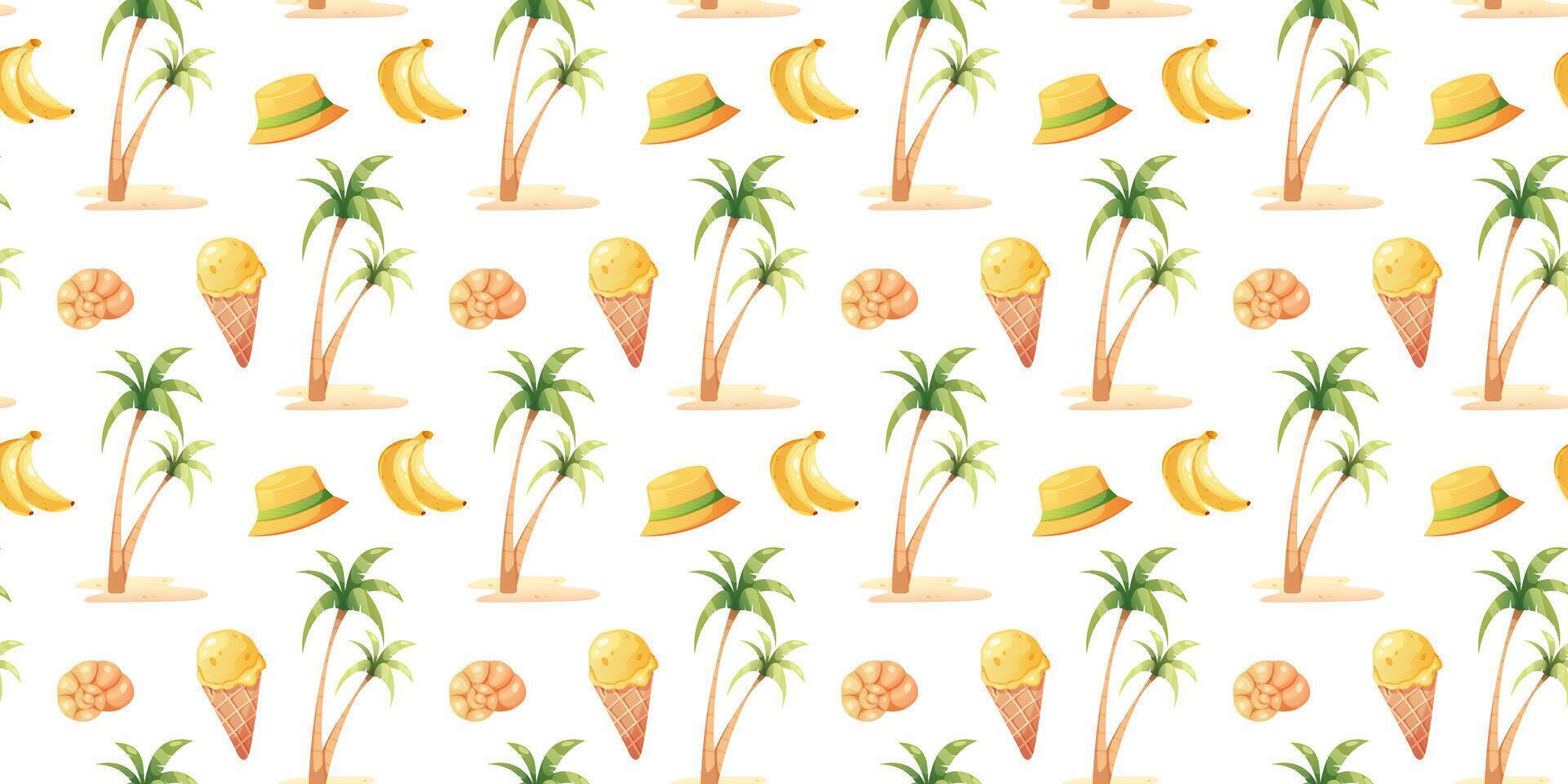 Seamless beach pattern with palm trees, ice cream, seashell, bananas and panama. Summer pattern in yellow and green colors vector