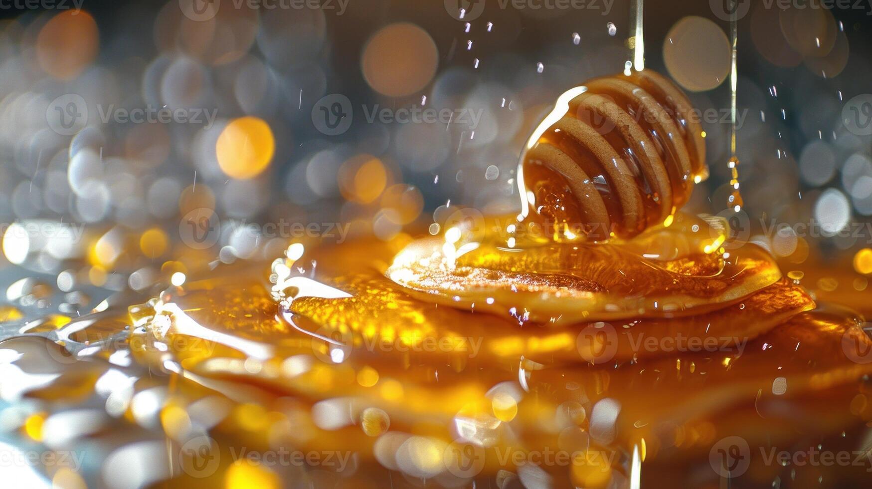 Honey dripping from a wooden dipper onto a reflective surface. photo