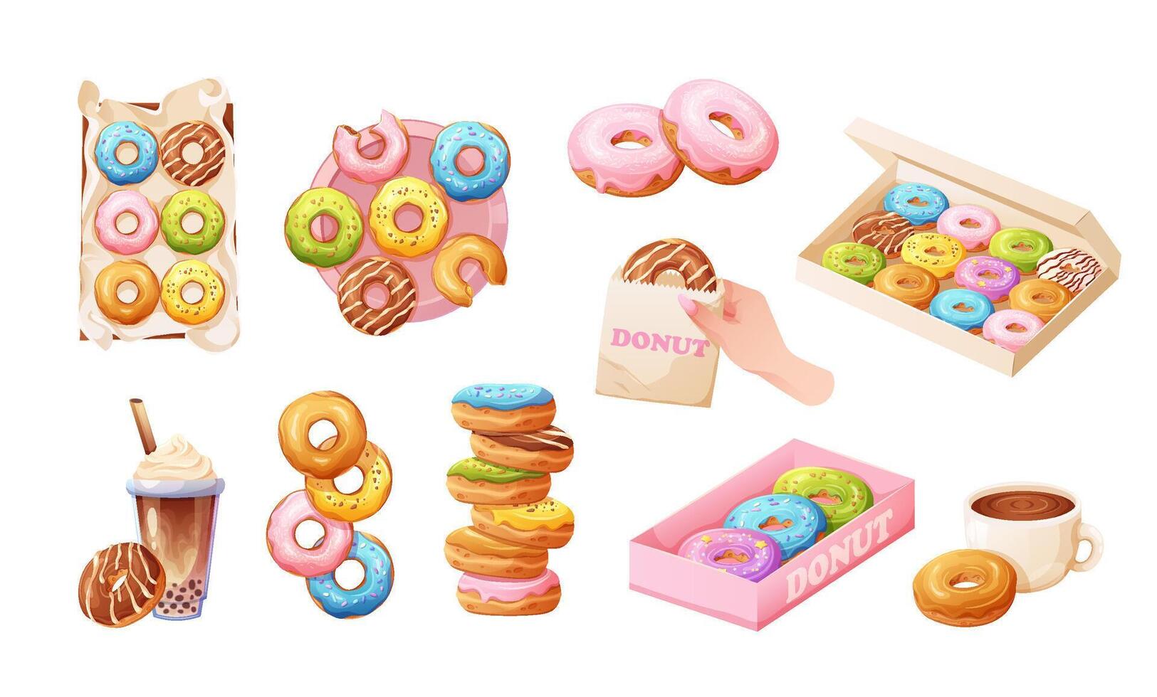 Set of cartoon donuts. Donuts in box, on plate, in hand, stack of donuts, single. illustration vector