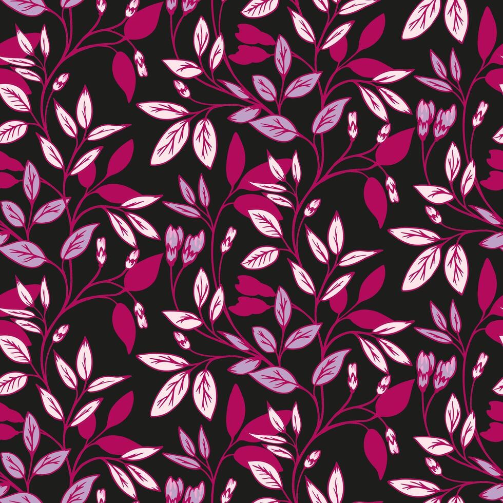 Burgundy abstract artistic branches with small tiny leaves intertwined seamless pattern on a dark background. Creative blooming leaf stems printing. hand drawn. Templates for designs vector