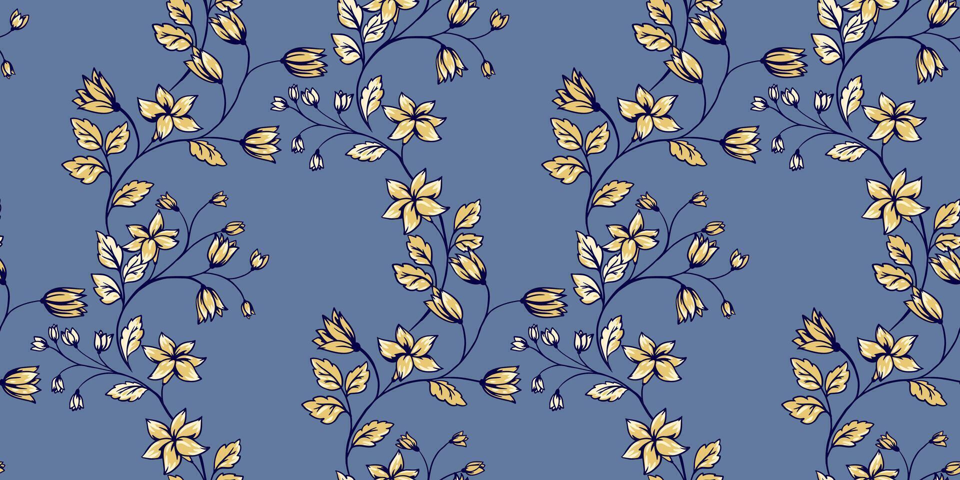 Abstract artistic branches with wild flowers, tiny bells, small leaves seamless pattern on a blue background. Creative gently yellow floral stems intertwined in a summer printing. hand drawn. vector