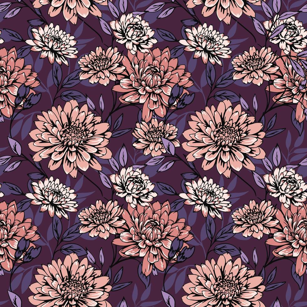 Colorful large flowers and branches leaves seamless pattern on a burgundy background. hand drawing. Abstract artistic chrysanthemum dahlia peonies printing. Template for designs, fashion vector