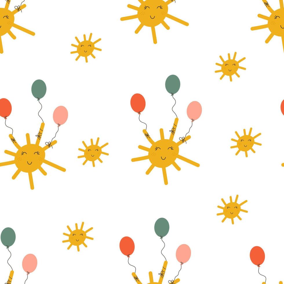 Cute sun with balloons on seamless background.Birthday. Template for textile, wallpaper, packaging, cover vector