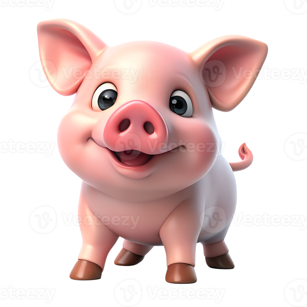 cute pig with smile, kawaii 3d style isolated on transparent background. png