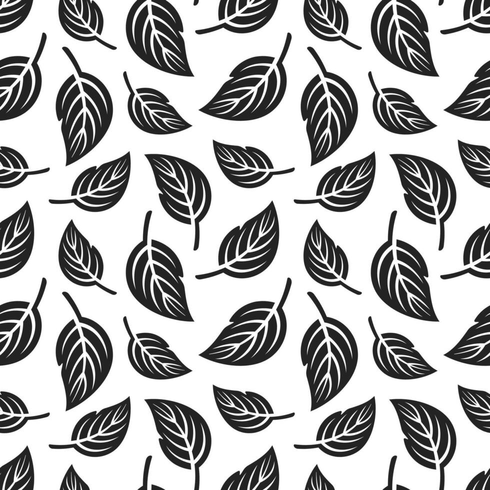 seamless pattern with leaves in minimal line doodle style vector