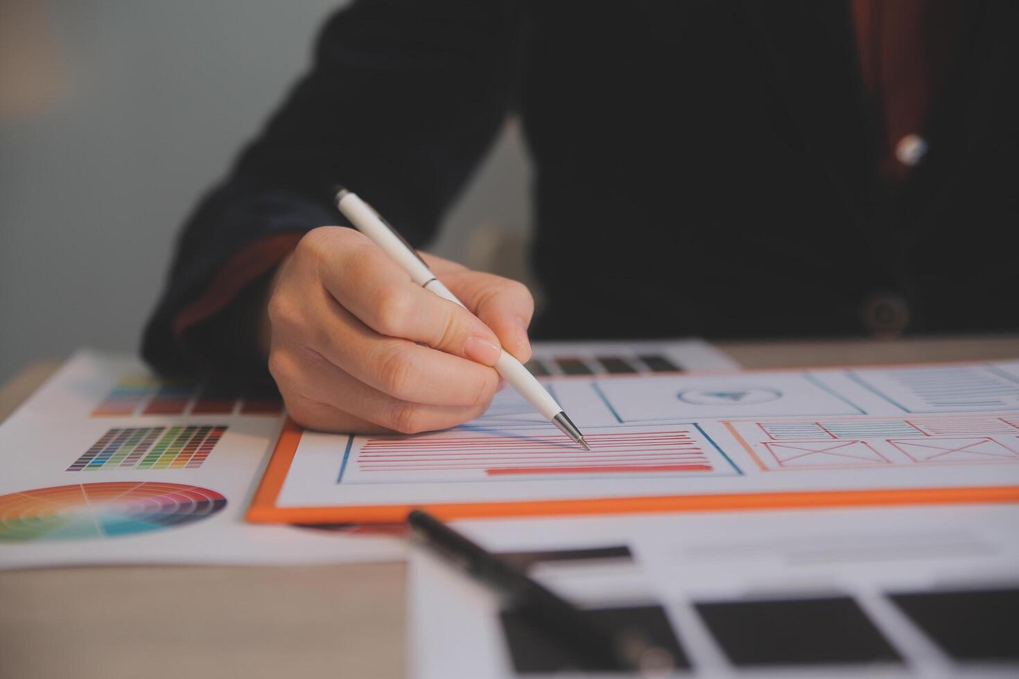 UX UI design process for modish mobile application and website . Creative prototype of wireframe for professional app developer . photo