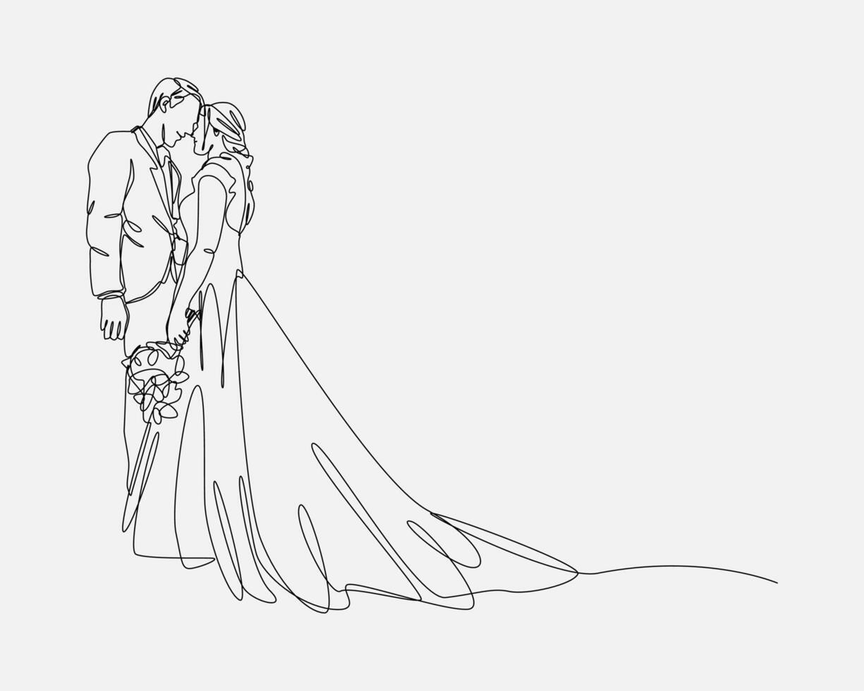 one continuous line drawing of wedding. bride and groom, marriage. editable stroke. graphic illustration. vector