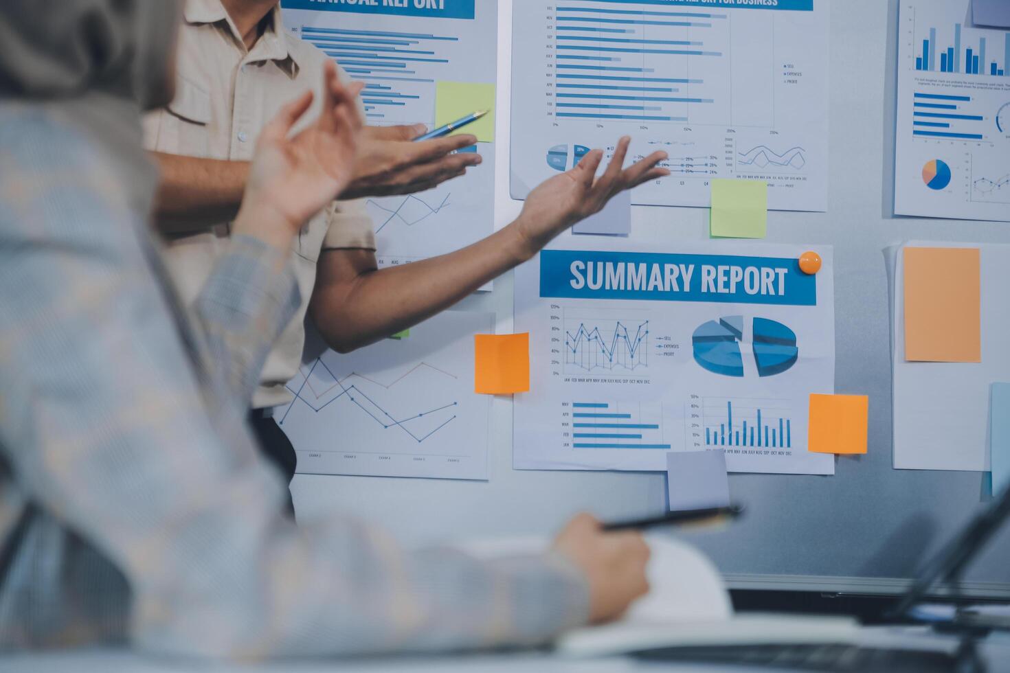 Finance manager meeting discussing company growth project success financial statistics, professional investor working start up project for strategy plan with document, laptop and digital tablet. photo
