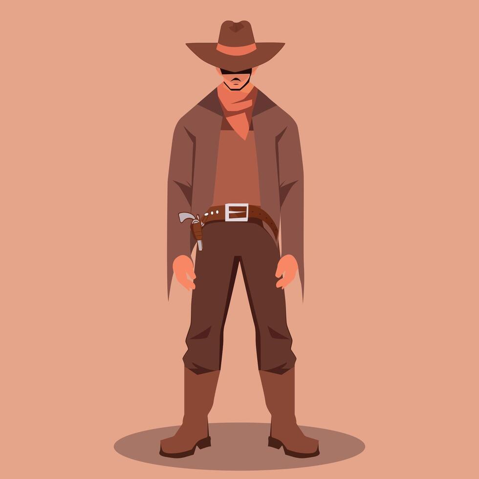 Wild west cowboy character illustration design, western cowboy with gun and hat cartoon drawing vector