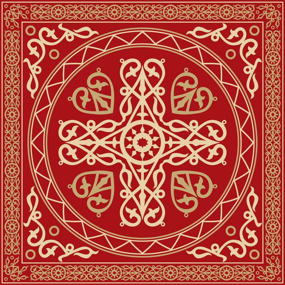 gold and red square Yakut ornament. Infinite rectangle, border, frame of the northern peoples of the Far East vector