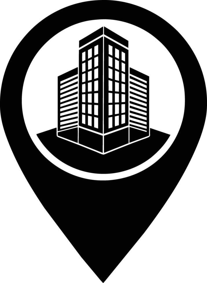 a black and white location pin with a building in it, Map Marker vector