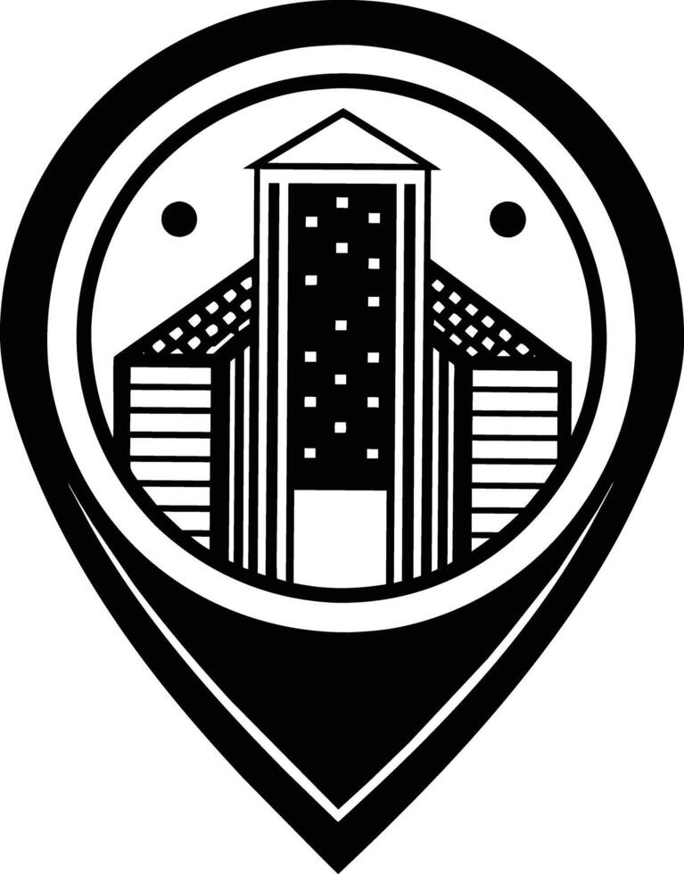 a black and white silhouette location pin with a building in the center, Map Marker vector