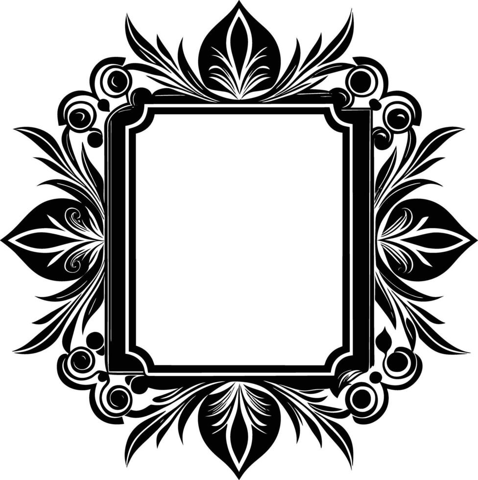 a black and white floral square frame with a black border vector