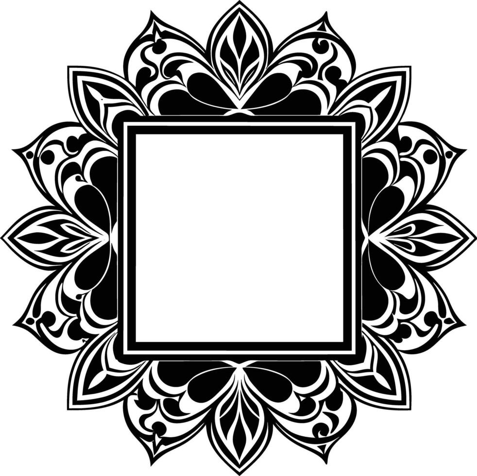 a black and white floral square frame with a black border vector