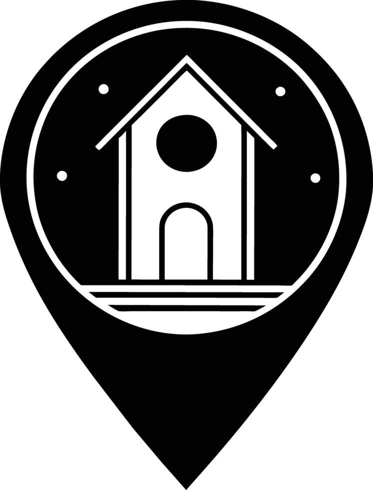 a black and white house icon on a pin, a location pin icon vector