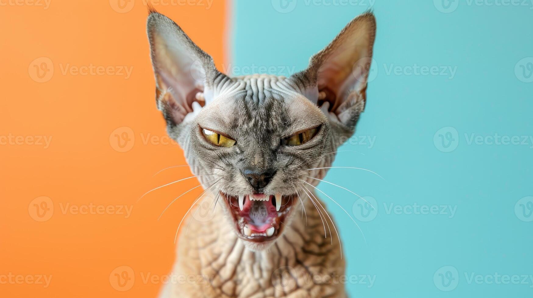 Cornish Rex, angry cat baring its teeth, studio lighting pastel background photo
