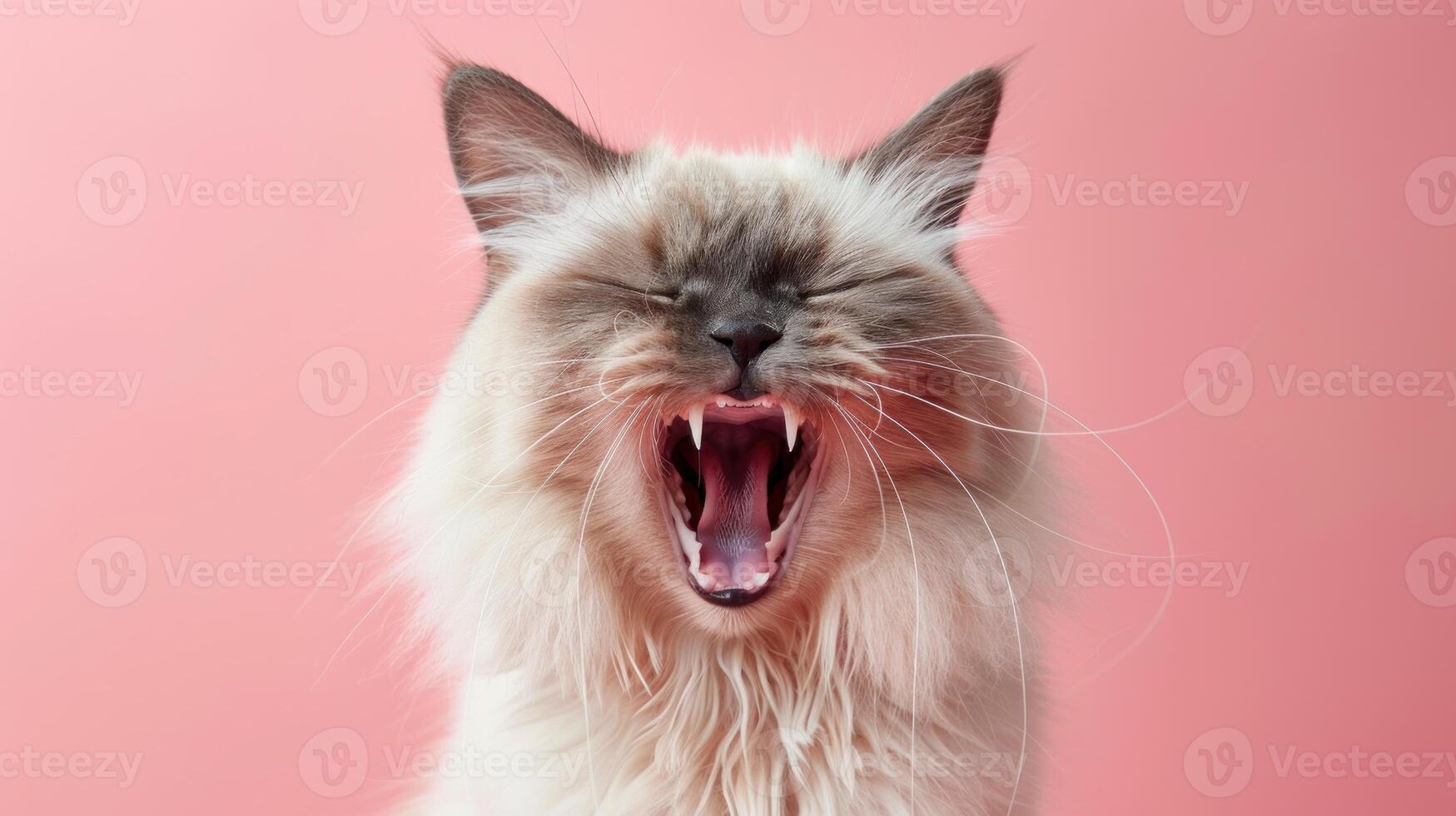 Ragdoll, angry cat baring its teeth, studio lighting pastel background photo
