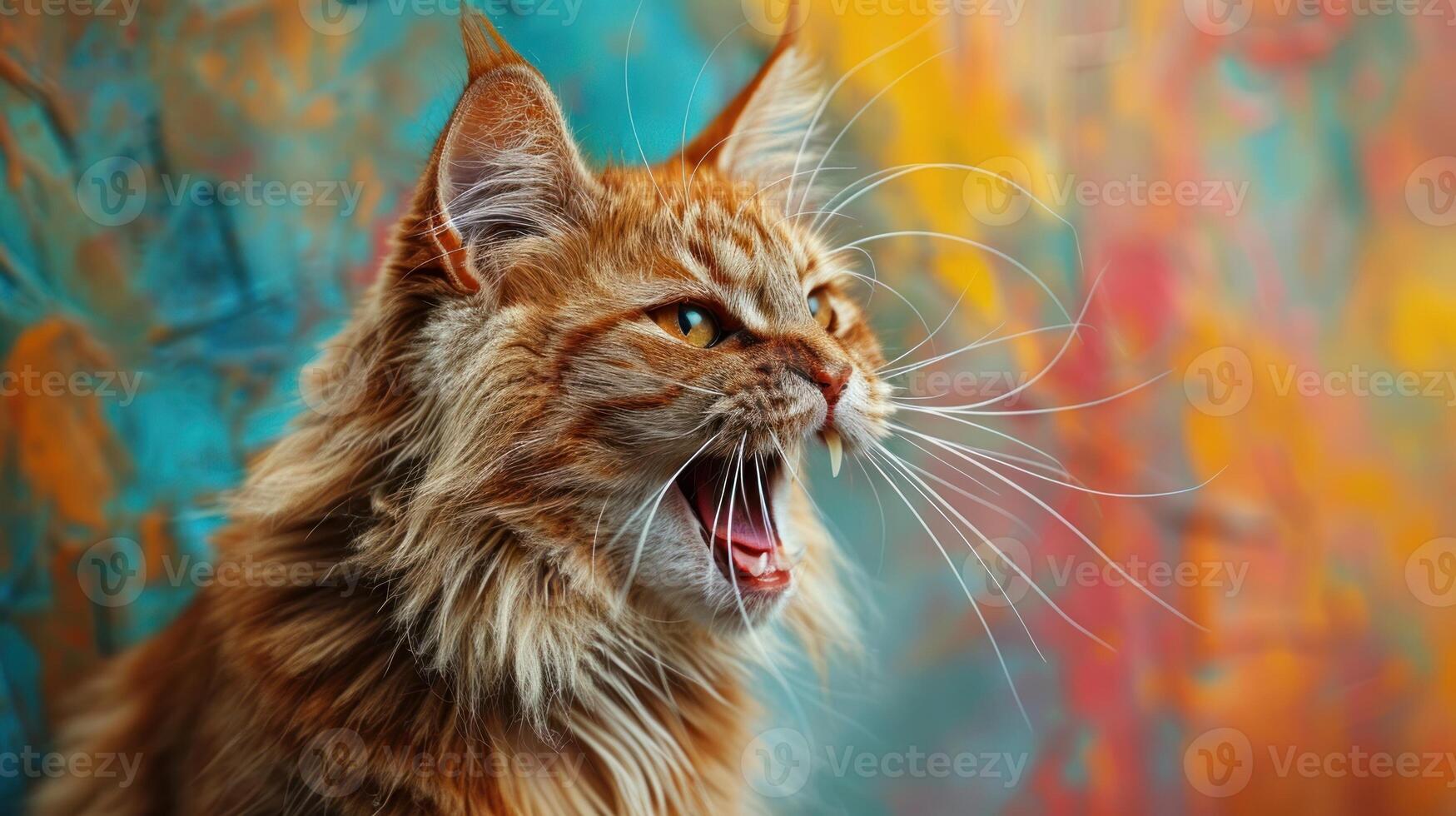 Aegean, angry cat baring its teeth, studio lighting pastel background photo