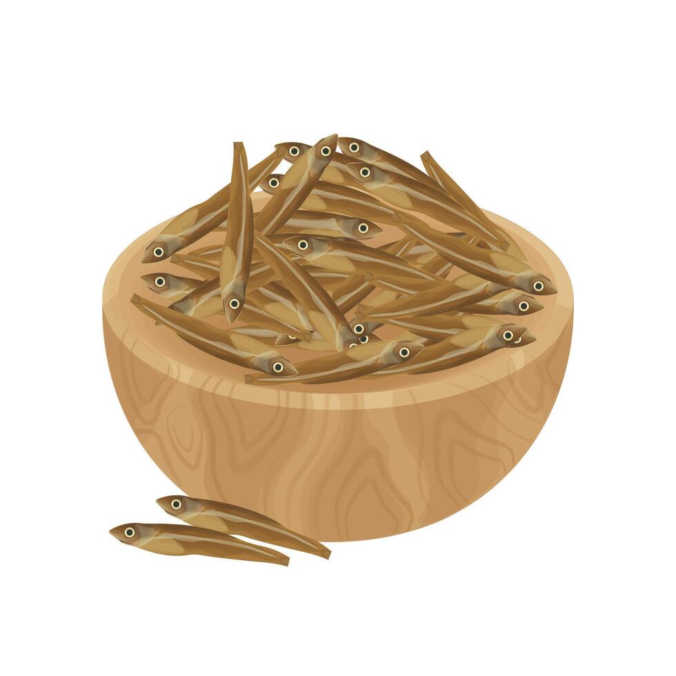 Dried Anchovy on a wooden bowl vector