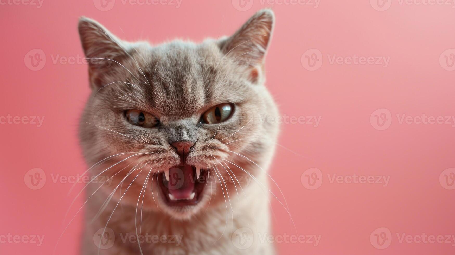British Shorthair, angry cat baring its teeth, studio lighting pastel background photo