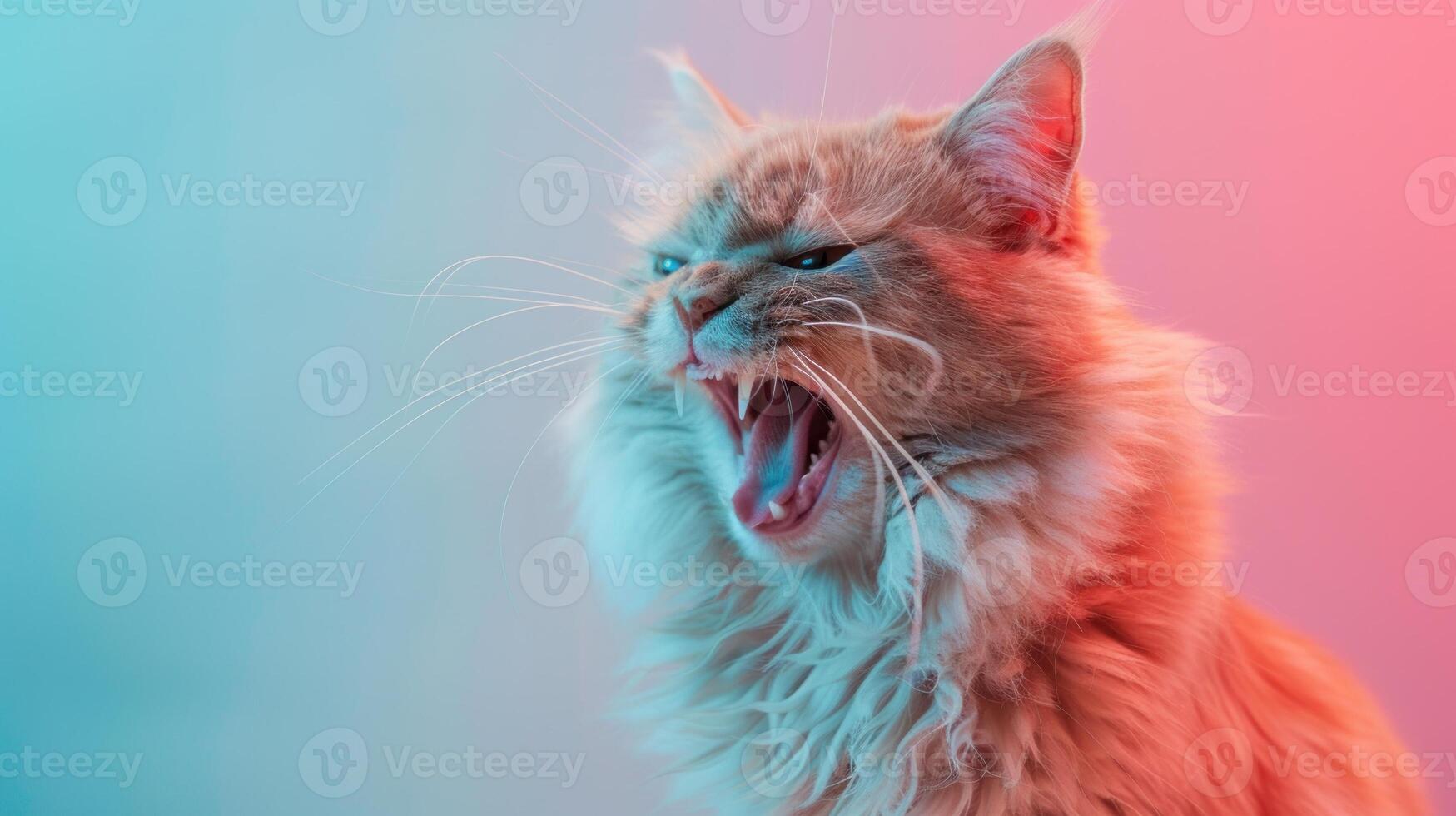 LaPerm, angry cat baring its teeth, studio lighting pastel background photo