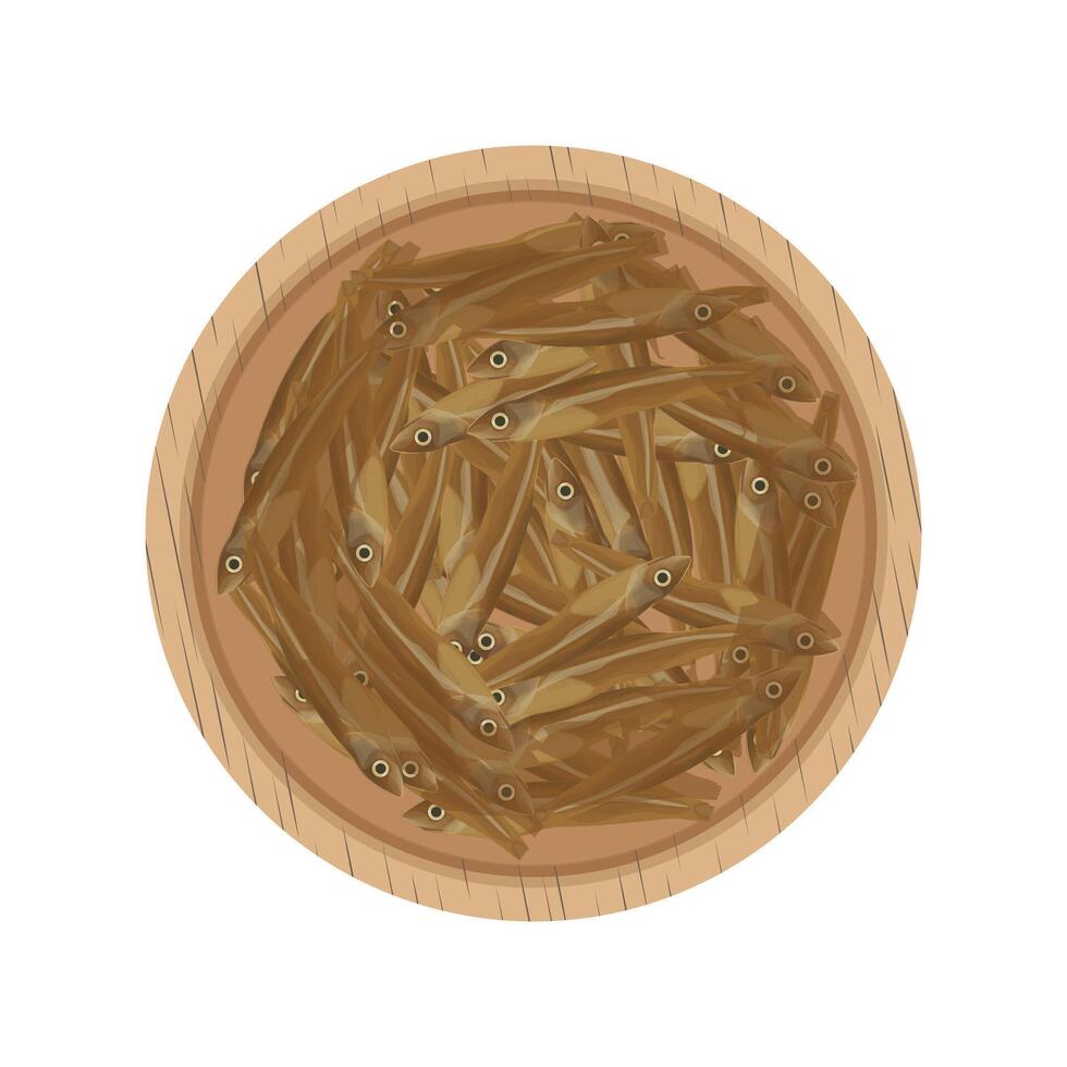 Top View Dried Anchovy on a wooden bowl vector