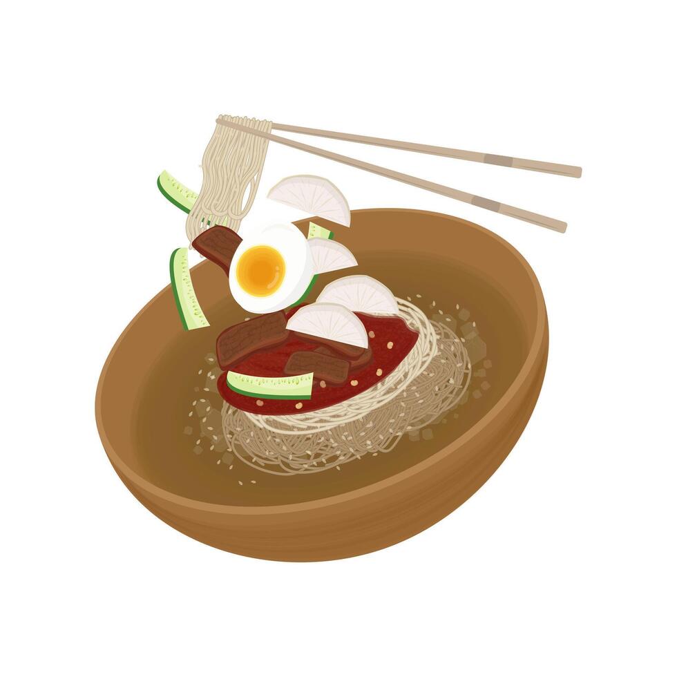 Ready to eat Korean cold noodles bibim naengmyeon vector