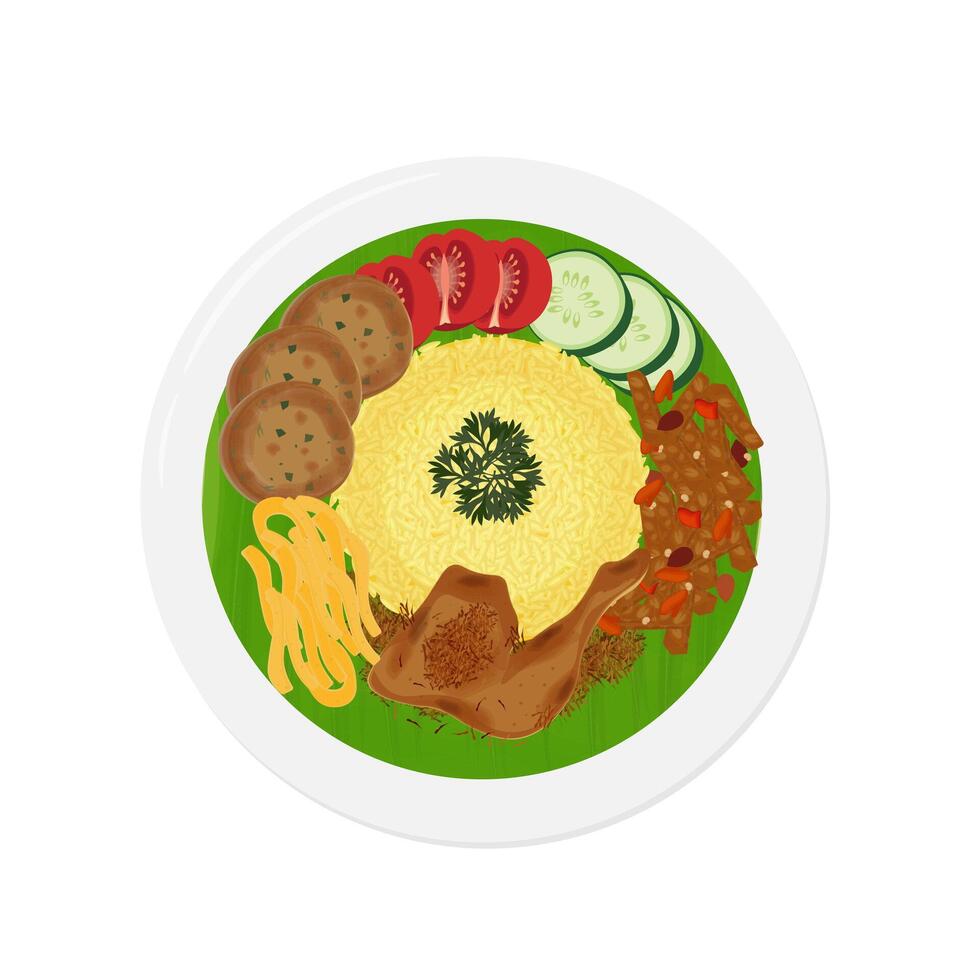 Top View Nasi Kuning or yellow rice or Turmeric rice on a plate vector