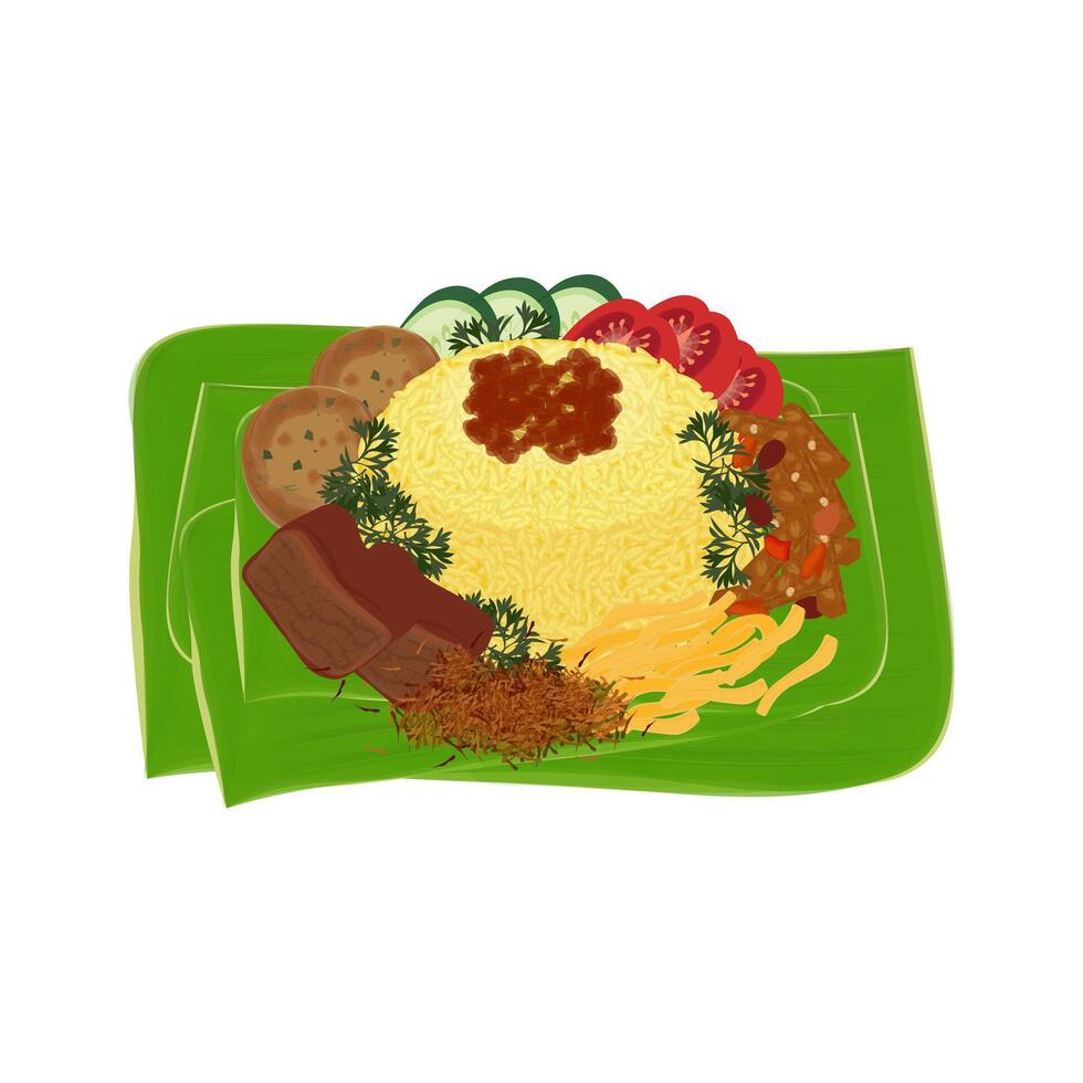 Nasi Kuning or yellow rice or Turmeric rice on a banana leaves vector