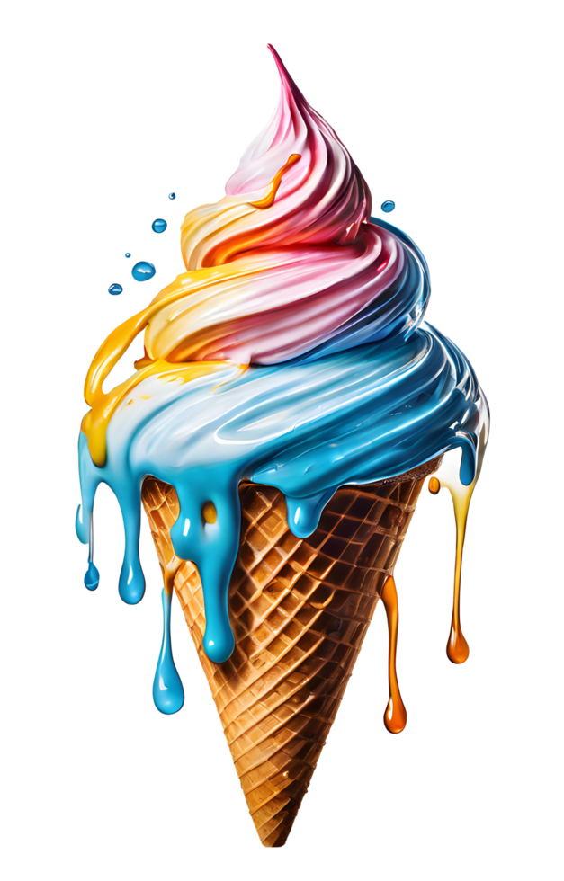 Homemade melted vanilla and colorful rainbow ice cream waffle cone illustration. AI-Generated png