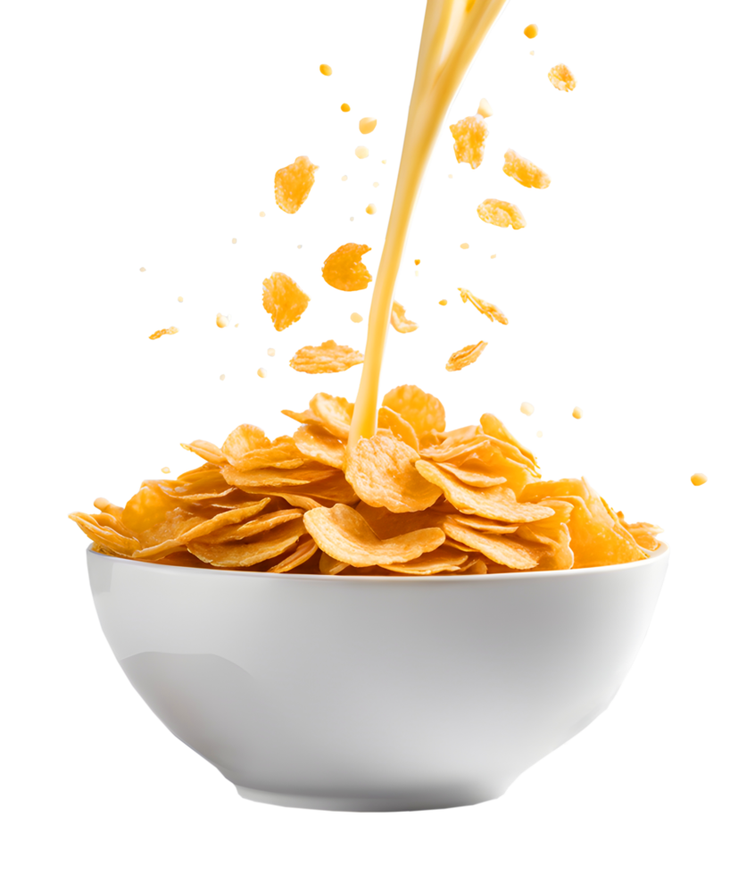 Homemade corn flakes with milk splash in white bowl. AI-Generated png