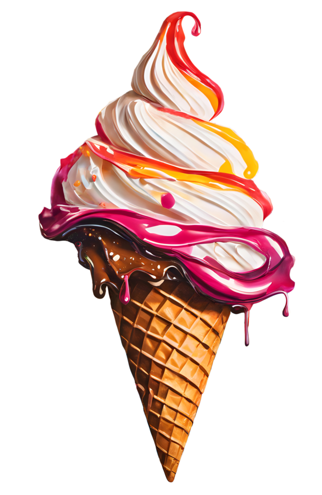 Watercolor and painting homemade melted vanilla and berry ice cream waffle cone Illustration. AI-Generated png