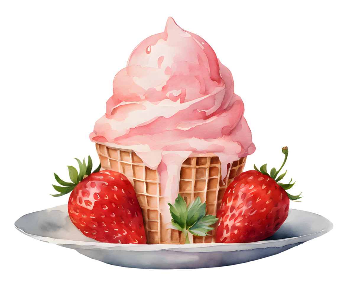 Watercolor and painting homemade fresh strawberry ice cream on waffle cone illustration. AI-Generated png