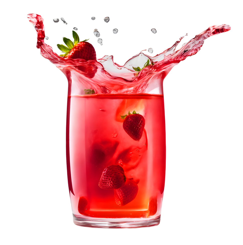 Fresh strawberry juice splash in clear glass. AI-Generated png