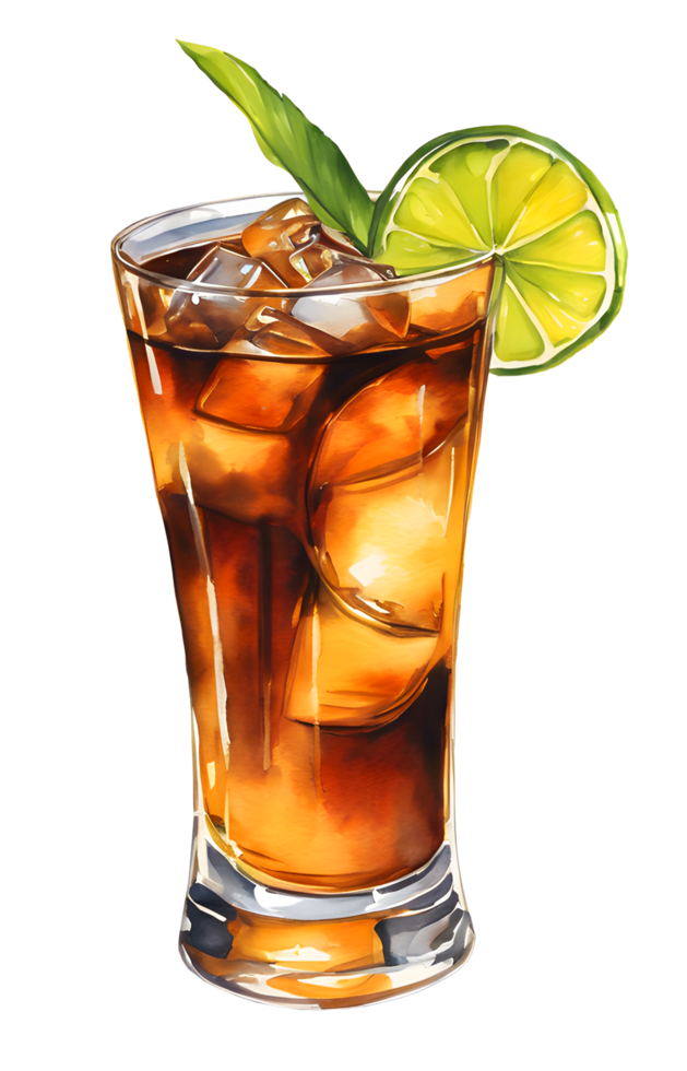 Watercolor and Painting fresh cuba libre cocktail and lemon with ice in clear glass. AI-Generated png