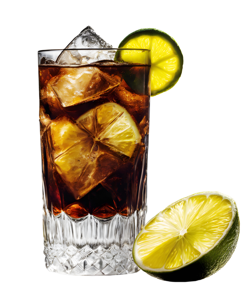 Fresh cuba libre cocktail and lemon with ice in clear glass. AI-Generated png