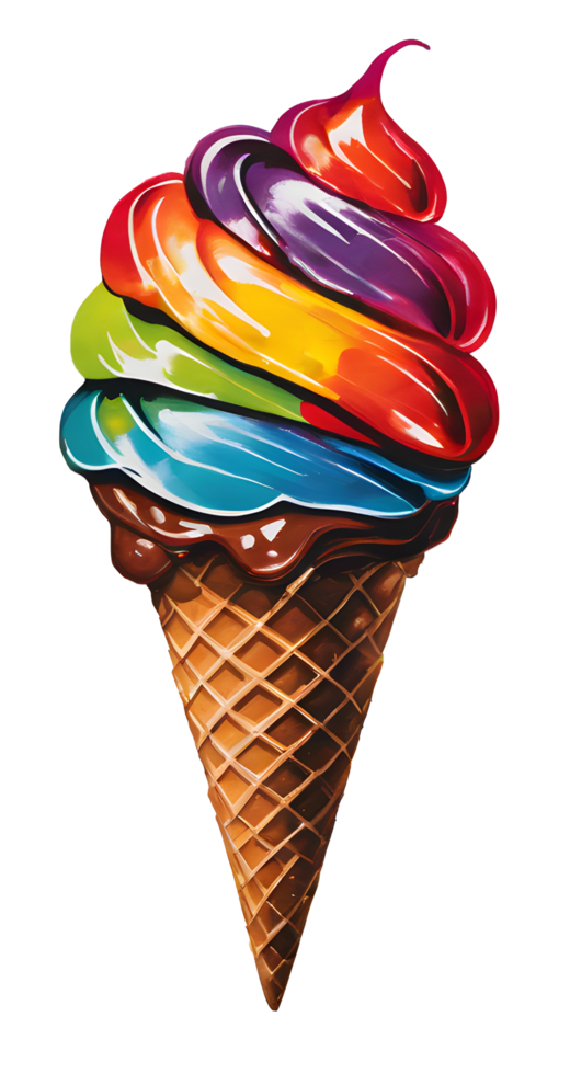 Watercolor and painting homemade melted vanilla and colorful rainbow ice cream waffle cone illustration. AI-Generated png