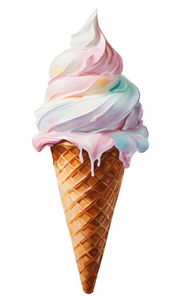 Watercolor and painting homemade melted vanilla and colorful rainbow ice cream waffle cone illustration. AI-Generated png