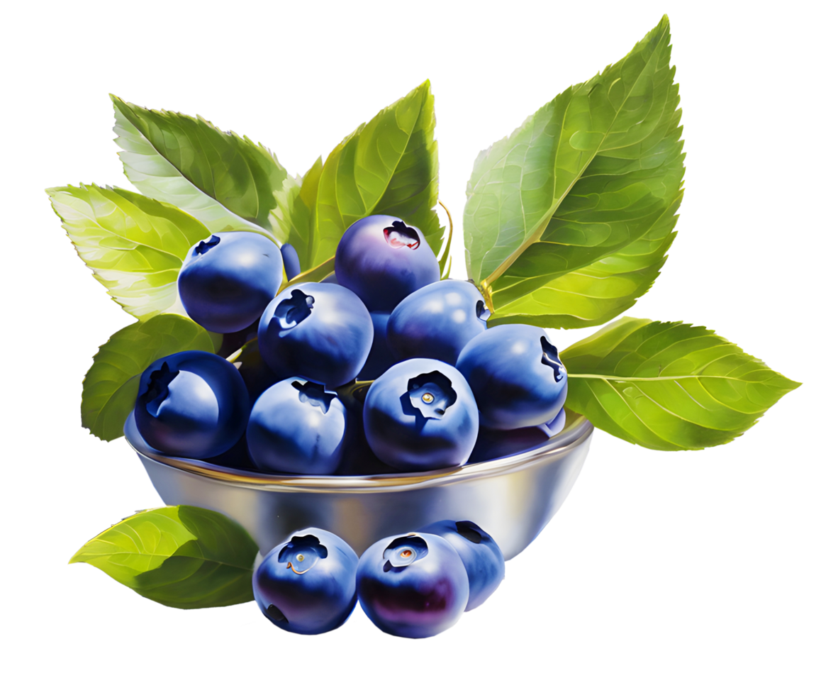 Watercolor and painting fresh blueberry with leaves branch in a bowl. AI-Generated png
