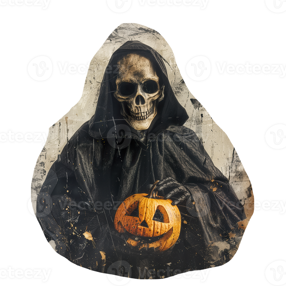Cut out retro photo of halloween grim reaper with pumpkin png