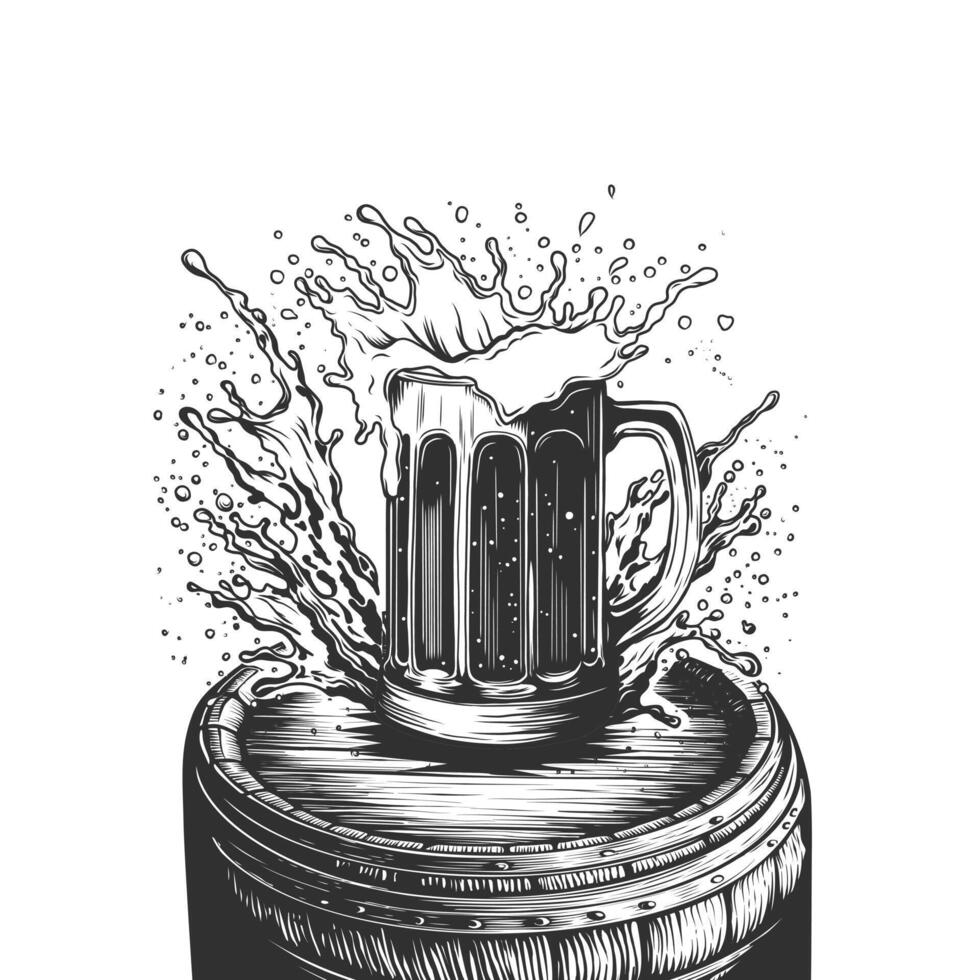 Hand drawn beer mug with foam splashing on wooden barrel. Engraving with ale pint with splash and drops. sketch for menu and packaging design, poster, card, octoberfest vector